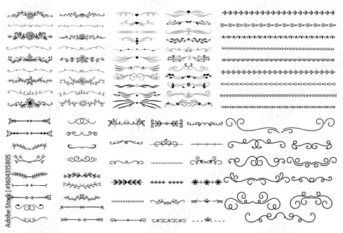 dividers doodle set. Wedding decorative elements. Divider ornament, borders, vintage line separators. Hand drawn vector illustration