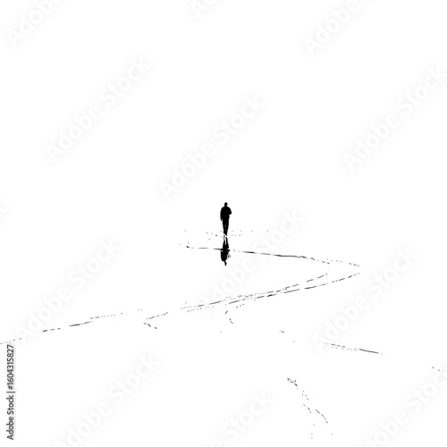 Lonely Man Walking on Snowy Landscape