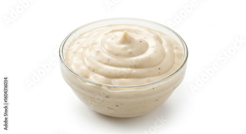 A glass bowl filled with creamy swirling sauce