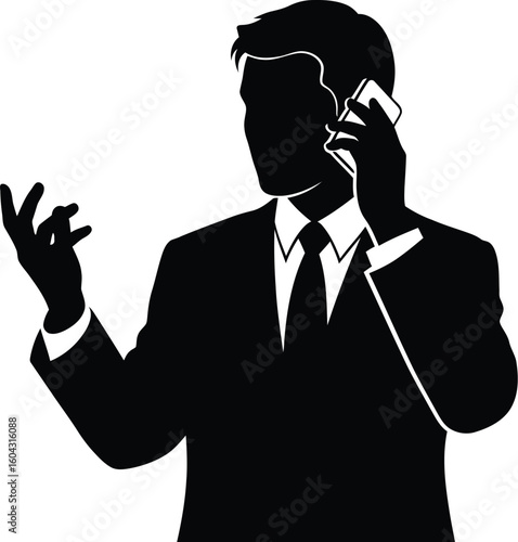A businessman in a suit talking on his cell phone gesturing