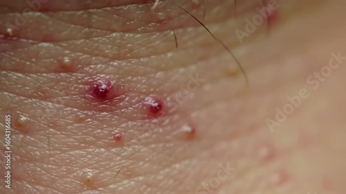 Skin condition with small red bumps and white pustules seen
