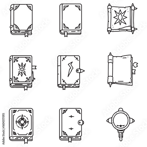 Set of vector illustrations featuring magical books and scrolls for fantasy design and imagery
