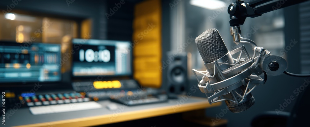 Fototapeta premium The microphone in a professional audio recording studio environment showcasing modern equipment.