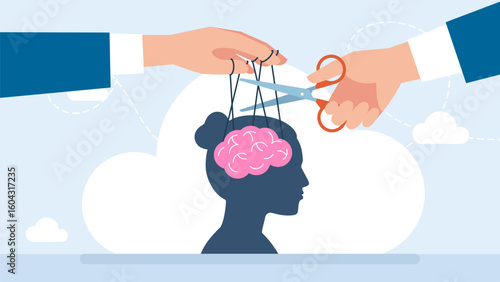 Freedom from manipulation, propaganda, puppeteer. Puppet master controlling woman mind. Puppeteer loses control. Mental health, hand holding puppet strings with a thread of brain. Vector illustration