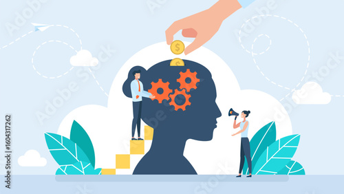 Female head thinking about saving. Inside the Head of Woman. Contribution to science. Piggy bank with falling gold dollar coins. The concept of saving or open a bank deposit. Vector illustration