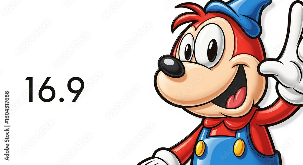 Naklejka premium Cartoon character in red and blue overalls next to 169 on a white background