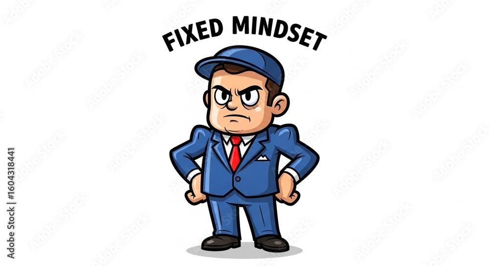 Cartoon man in suit cap arms akimbo scowling under FIXED MINDSET text Cartoon man in suit cap arms akimbo scowling under FIXED MINDSET text