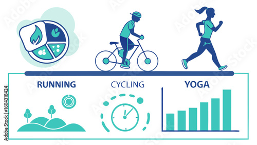 Healthy lifestyle choices running cycling and yoga with visual representations of progress and health metrics