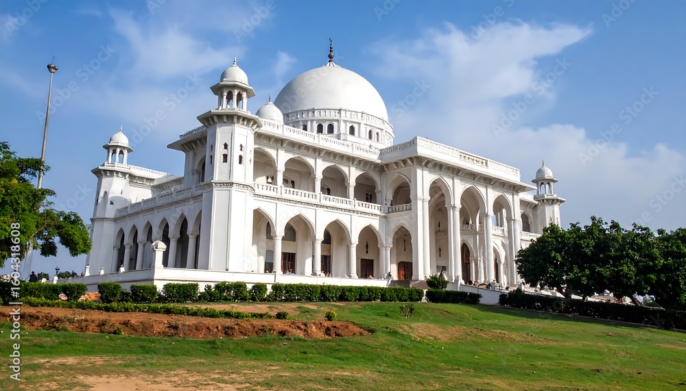 Fototapeta premium White mosque on a grassy hill under a partly cloudy sky