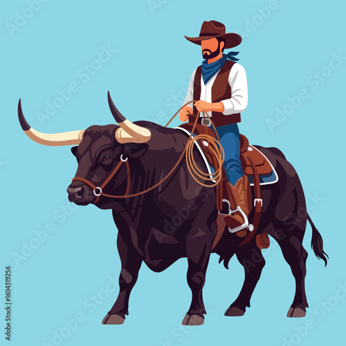 Cowboy Riding Dark Bull with Horns on Light Blue Background