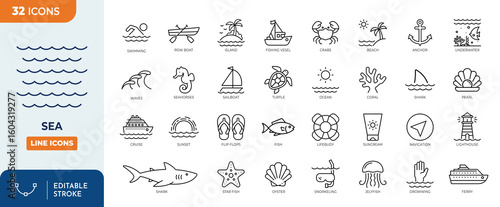 Sea line editable icon set. summer vacation icon set. Contain icons related to Tourism symbol, Outdoor activities, marine life, and more. Editable stroke. Vector illustration