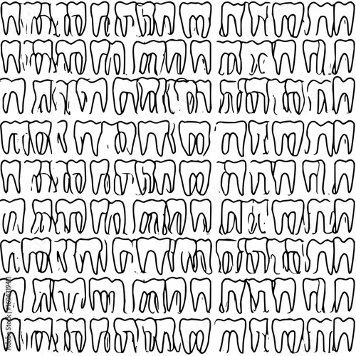 Doodle style teeth pattern with black outlines on a white background creating a dental themed design