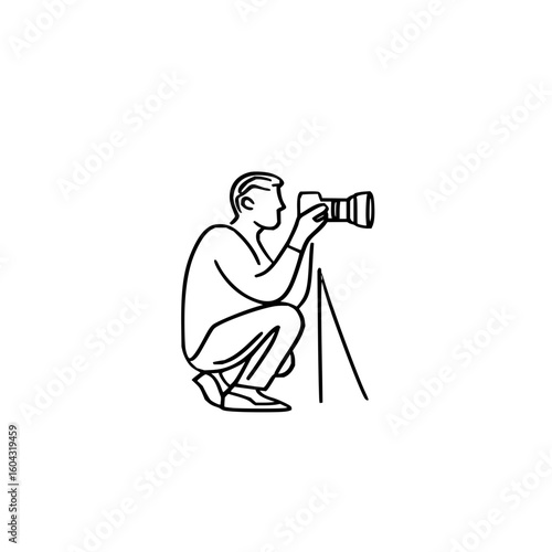 Line drawing of a photographer squatting with a camera on a tripod in a minimalist style design