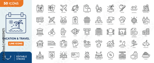 Vacation and Travel line editable icon set. Containing vacation, recreation, leisure, travel, entertainment, and more. Editable stroke. Vector illustration