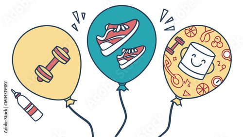 Celebration of fitness and well being with balloons featuring exercise equipment and happy icons