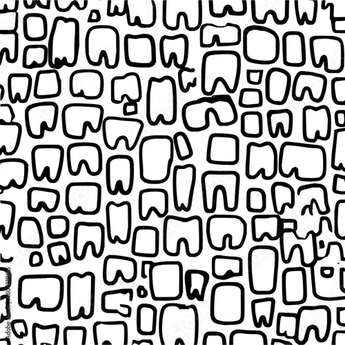 Seamless pattern of abstract teeth shapes in black and white creating a dental themed background design