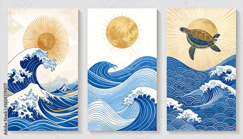 Harmonic triptych featuring ocean waves, radiant suns, and a serene sea turtle artwork