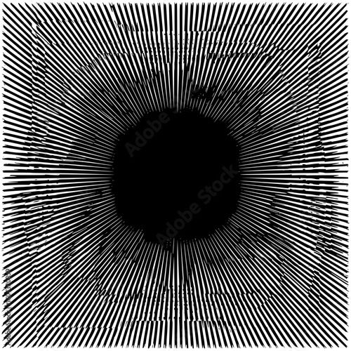 Black and white abstract radial lines emanating from a central dark circle within a square frame design