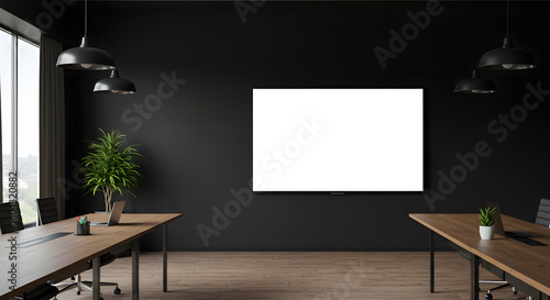 Meeting conference room with blank empty mockup tv screen monitor for advertising standing in modern contemporary office on black wall background. No people. Business technologies concept.