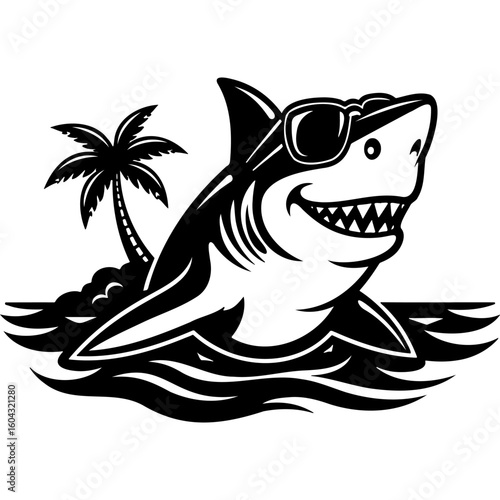 Sketchy emblem of shark in sunglasses peeks out of water near island with palm trees. Engraving minimalistic vector in black ink drawing on transparent background