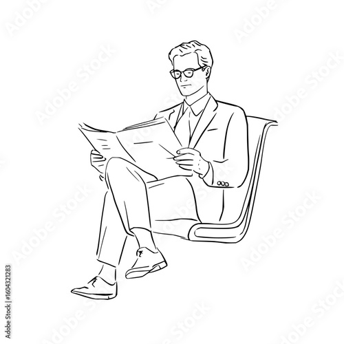 Line art illustration of a man with glasses reading a newspaper while sitting on a modern chair design