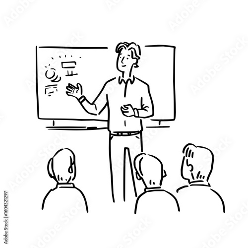 A teacher is presenting to a small class in front of a whiteboard with symbols and diagrams drawn on it