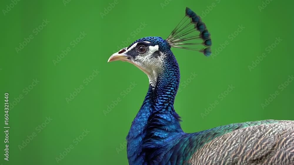 Vibrant Blue Peacock Head Close-up with Crest on Green Background, Majestic Wildlife Bird Portrait Vibrant Blue Peacock Head Close-up with Crest on Green Background, Majestic Wildlife Bird Portrait