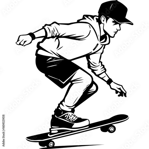 Sketchy sport emblem of athlete prepares to perform a difficult trick on a skateboard. Engraving minimalistic vector in black ink drawing on transparent background