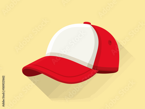 A simple red and white cap with a long shadow shown in a flat design vector illustration.

