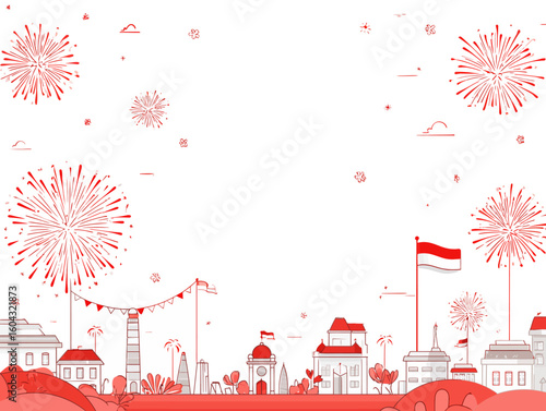 An Indonesian town skyline with flags and fireworks celebrates independence day in a festive line art illustration.

