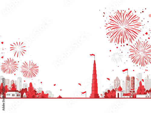 A festive Indonesian cityscape with the national monument and fireworks celebrating a patriotic national day holiday.

