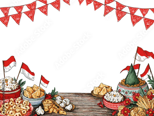 A festive hand drawn illustration border of Indonesian traditional food and flags for an independence day celebration background.