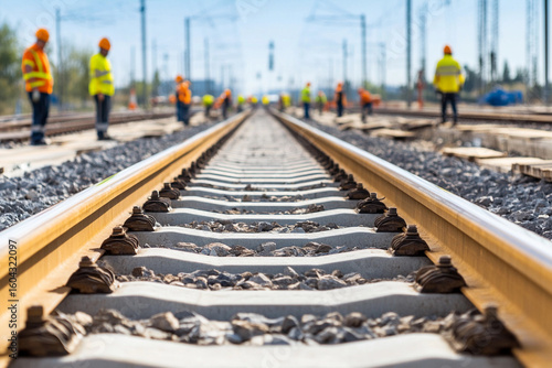 Workers constructing new railway tracks in clear weather Generative AI