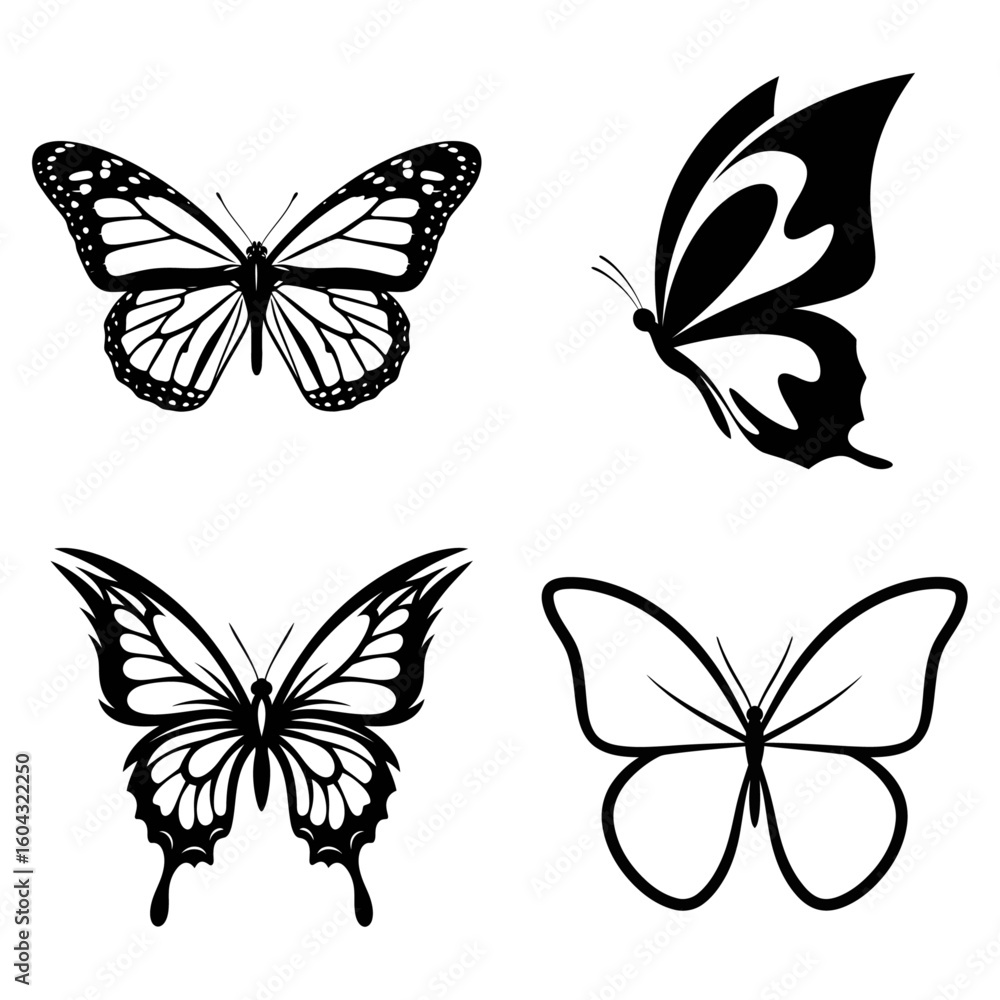 Obraz premium Set of Artistic Black Butterfly Silhouettes and Line Illustrations