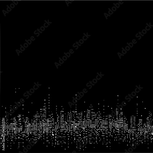 Abstract cityscape silhouette with scattered white dots against a solid black background creating contrast