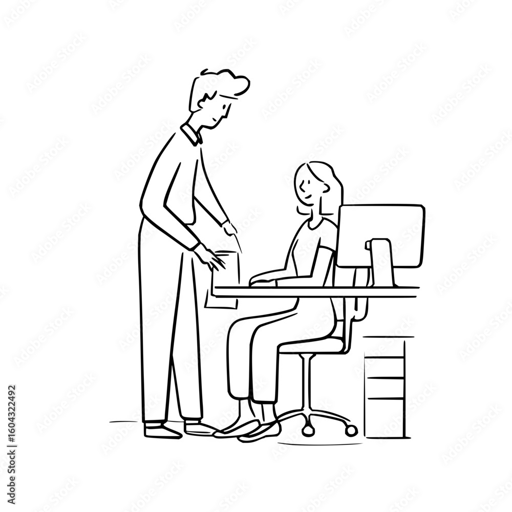 A sketch of a man holding papers and pointing at them to a woman sitting at a desk with a computer monitor A sketch of a man holding papers and pointing at them to a woman sitting at a desk with a computer monitor