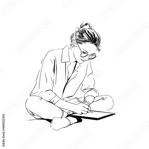 A woman with glasses sitting cross legged drawing on a tablet with a stylus in a black and white sketch