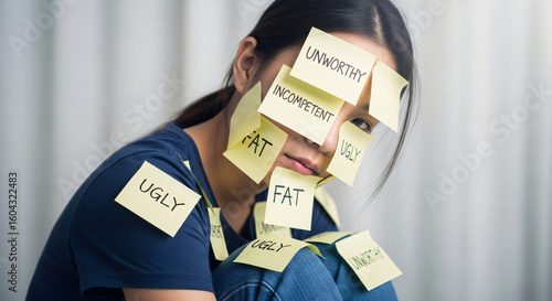 Wallpaper Mural Conceptual Photo Showing Sticky Notes of Negative Self Labels Covering a Person’s Face and Body Torontodigital.ca