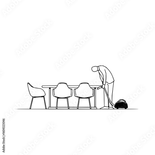 Illustration of a man in a suit vacuuming under a table with chairs in a minimalist black and white style