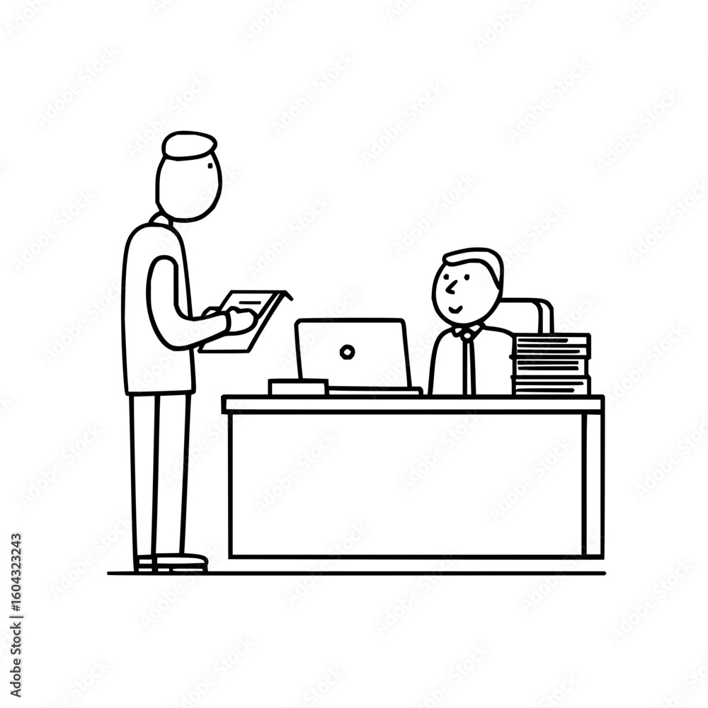 Man standing and showing a document to a seated man at a desk with a laptop and stack of papers Man standing and showing a document to a seated man at a desk with a laptop and stack of papers