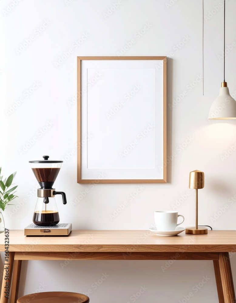 Fototapeta premium Modern Coffee Brewing Scene with Picture Frame Mockup