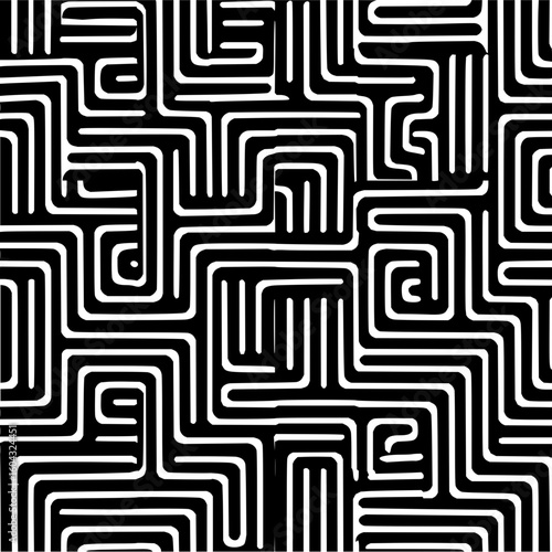 An intricate black and white maze pattern with winding lines and geometric shapes creating a complex design
