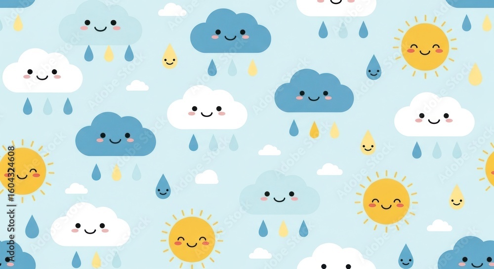 Fototapeta premium Cheerful Kawaii Sun Clouds and Raindrops Weather Seamless Pattern