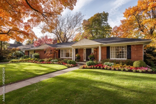 Autumnal home exterior with a lawn, for real estate and home improvement websites