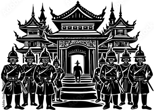 
Black and White Burmese Guards at Palace Gate - Ancient Myanmar Military