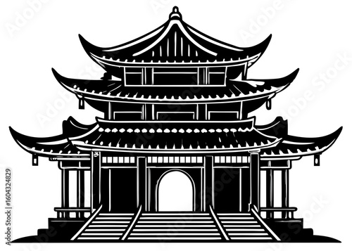 Black and White Chinese Gate Silhouette - Ancient Asian Architecture