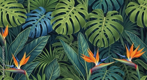 Lush Tropical Monstera Leaves and Strelitzia Flowers Seamless Pattern Illustration