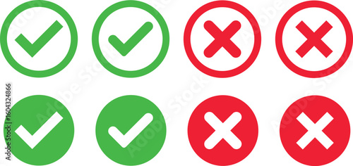 Check mark icons button set. yes or no checkmark sign. green tick box and red cross symbol. Check box icon with right and wrong buttons
