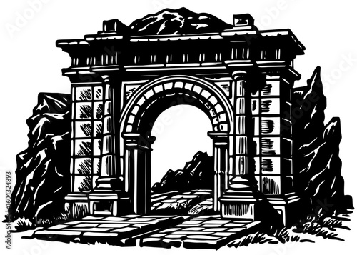 Black and White Ancient Ruin Archway - Mystical Landscape Illustration