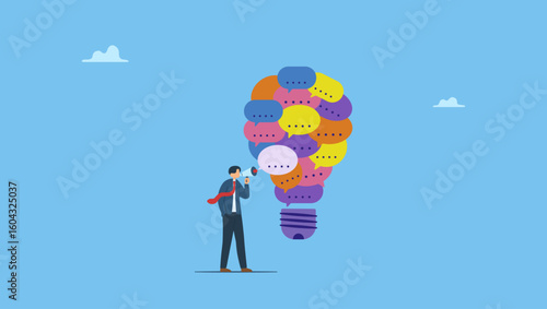 Businessman talking on megaphone with speech bubble lightbulb idea. Communication, marketing message to communicate with consumer, advertising strategy, media or announcement information dialogue.